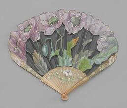 Folding fan of painted silk and net cutwork leaf