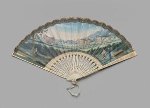 Folding souvenir fan with view of the temples at Paestum in Italy