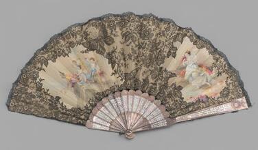 Folding fan of black Chantilly lace and painted cream satin leaf