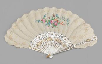 Folding brisé fan of painted silk leaves
