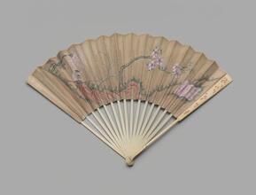 Folding fan of painted paper and ivory