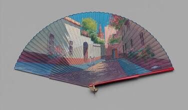 Folding fan of painted paper with original box