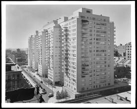 65th Street and 2nd Avenue, 66th Street and 3rd Avenue. Manhattan House, looking S.E. along main entrance front, 66th Street.
