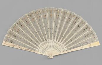 Folding fan of gilt spangled silk organza leaf