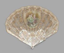 Folding fan of net and cream silk leaf with painted vignette