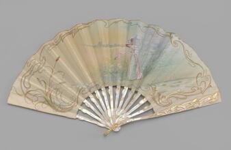 Folding fan of painted cream silk leaf