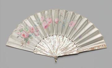 Folding fan of painted white satin with original box