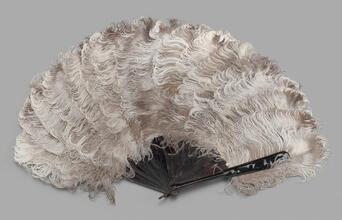 Folding feathered fan of natural brown and white ostrich feathers