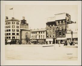 Longacre Square. Street view looking southwest at Gaiety Theater and Fulton & Churchill's, about 1907