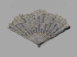 Folding fan of spangled black net and lace with original box