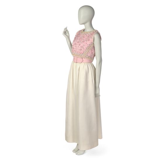 Pierre balmain evening dress in pale pink satin 2024 and cream satin brocade with applied maple leaves