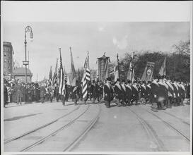 [Parade, "Swedish Hundred Me[...] Society" banner at front, Columbus Circle]