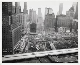 [Aerial view of the construction of the World Trade Center.]