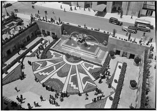 Rockefeller Center. Looking down on City Garden Club and fountain from British Building.
