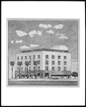 Colored rendering of a four story store building.