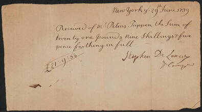 Receipt issued by Stephen De Lancey to Petrus Tappen for 21 pounds 9 shilling 5 pence farthing, June 29, 1739