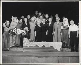 [Cast of "The Sage of Rottenburg" with playwright H. Leivick and Golda Meir.]