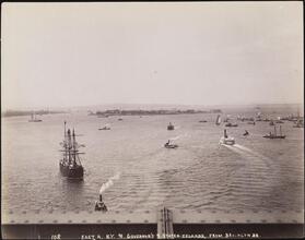 [East River and Governors Island from Brooklyn Bridge.]