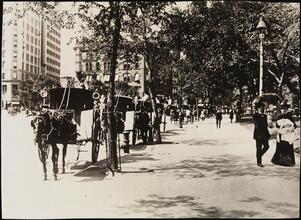 [Madison Square with hansom cabs.]