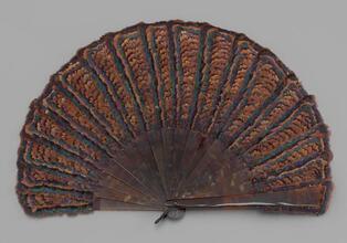 Folding feathered fan of brown iridescent feathers