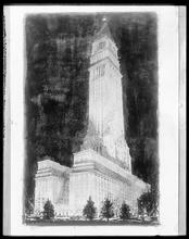 Madison Square Garden design, view with tall tower, rendering.