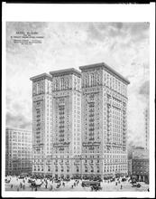 Broadway at the corner of West 34th Street. Hotel McAlpin, watercolor rendering by Hughson Hawley, 1910.