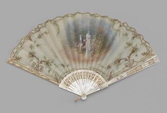 Folding fan of painted cream silk leaf