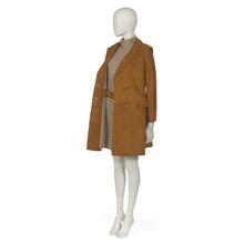 Day ensemble comprising coordinating suede coat and houndstooth dress