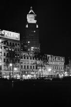 [Night view of Union Square and Con Edison's tower.]