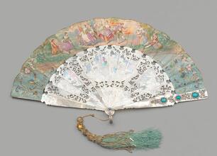 Folding fan of painted paper with original box and note