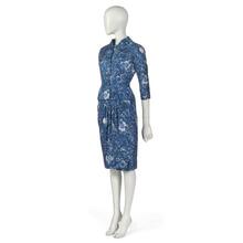 Ensemble in blue and white printed silk twill comprising dress and jacket
