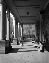 [Woman on the porch of St. Mark's Church in-the-Bowery.]