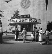 [Nassau County Police booth in front of General Electric building, New York World's Fair.]