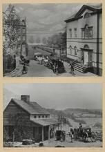 [Two photographs of miniature dioramas of the Blue Bell Tavern and lower Broadway, installed at the Museum of the City of New York]