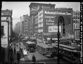 Broadway Series. View of east side of Bway, looking north from Lispenard and Canal Street, where the two streets converge.