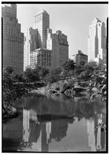 Barbizon Plaza Hotel, Sixth Avenue and 56th Street, N.Y.C. Exterior from Central Park. Reflections.