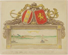 In't Schip Lydia door Laurens Hermansz Block. [View of New Amsterdam with coat of arms]