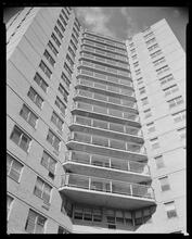 Queens Boulevard between 59th and 61st Street. Big Six co-op apartment buildings, angle [view showing] balconies.