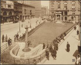 Cooper Square at monument; copy of old Wurts city view done for Cooper Union publicity