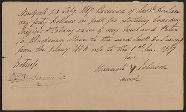 Receipt issued by Hannah Johnson to John Peter De Lancey for $40, for clothing, boarding and lodging of a slave, February 21, 1817