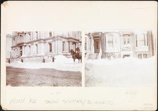 [Two views of snowy residential streets.]