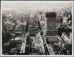 Rockefeller Center and Radio City Music Hall. Construction, steel frame. View from top of 444 Madison Avenue