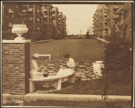 [Hawthorne Court. Apartment buildings and garden with women.]