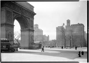 New York City views. Washington Arch against light.