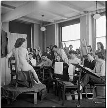 Columbia University [Students drawing a nude in art class.]