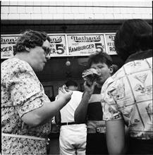 At Nathan's Hot Dog Stand.