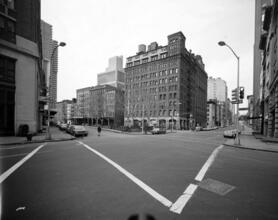 [Looking at Duane Park and the Schepp Building from the corner of Hudson and Duane Streets.]