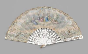 Folding fan with hand-painted lithograph scenes