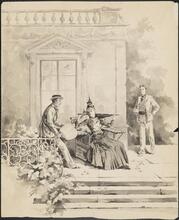 [Sketch of a woman seated between two male suitors]
