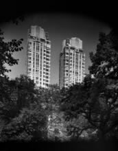 [Looking at The Century apartments from Central Park.]